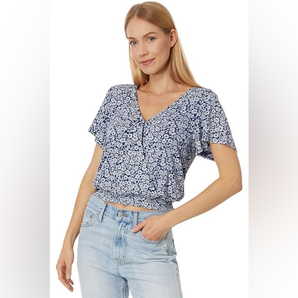 Lucky Brand‎ Women's Large Floral Printed Surplice Top Smocked Hem VNeck